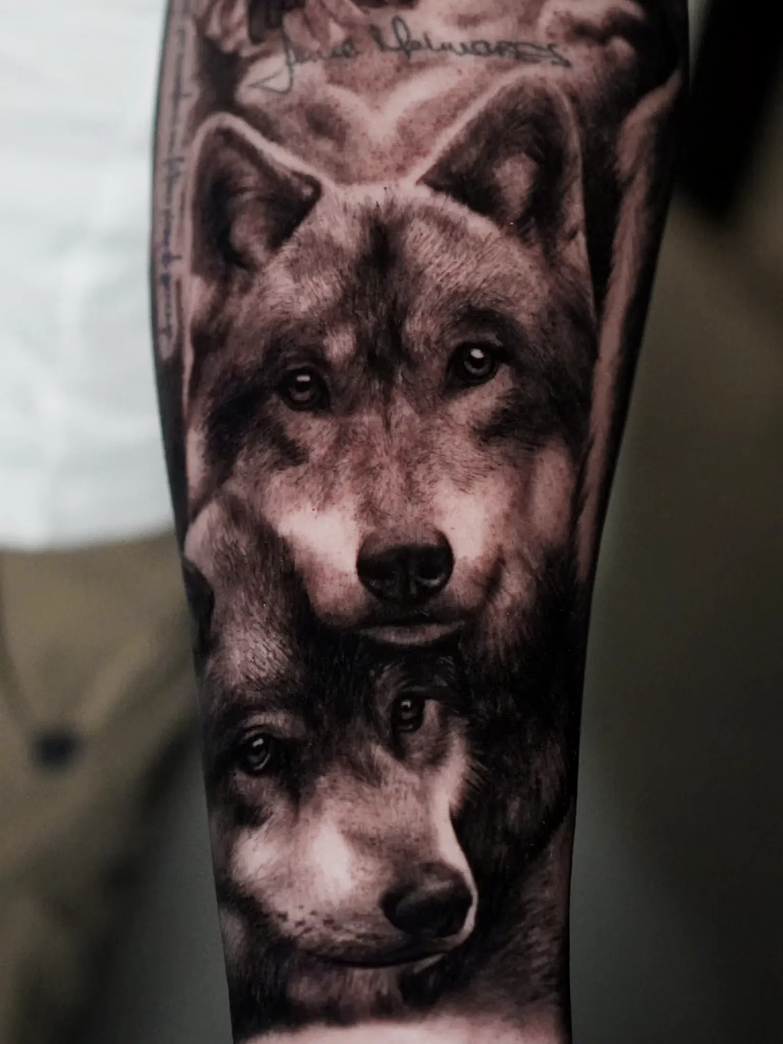 Tatuaje realista de dos lobos por Clayton Goethe